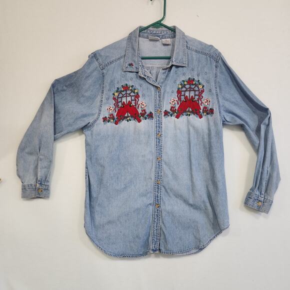 Vintage Christmas Denim Shirt Embroidered Redbirds Cardinals Long Sleeve Jean XL - Picture 1 of 15